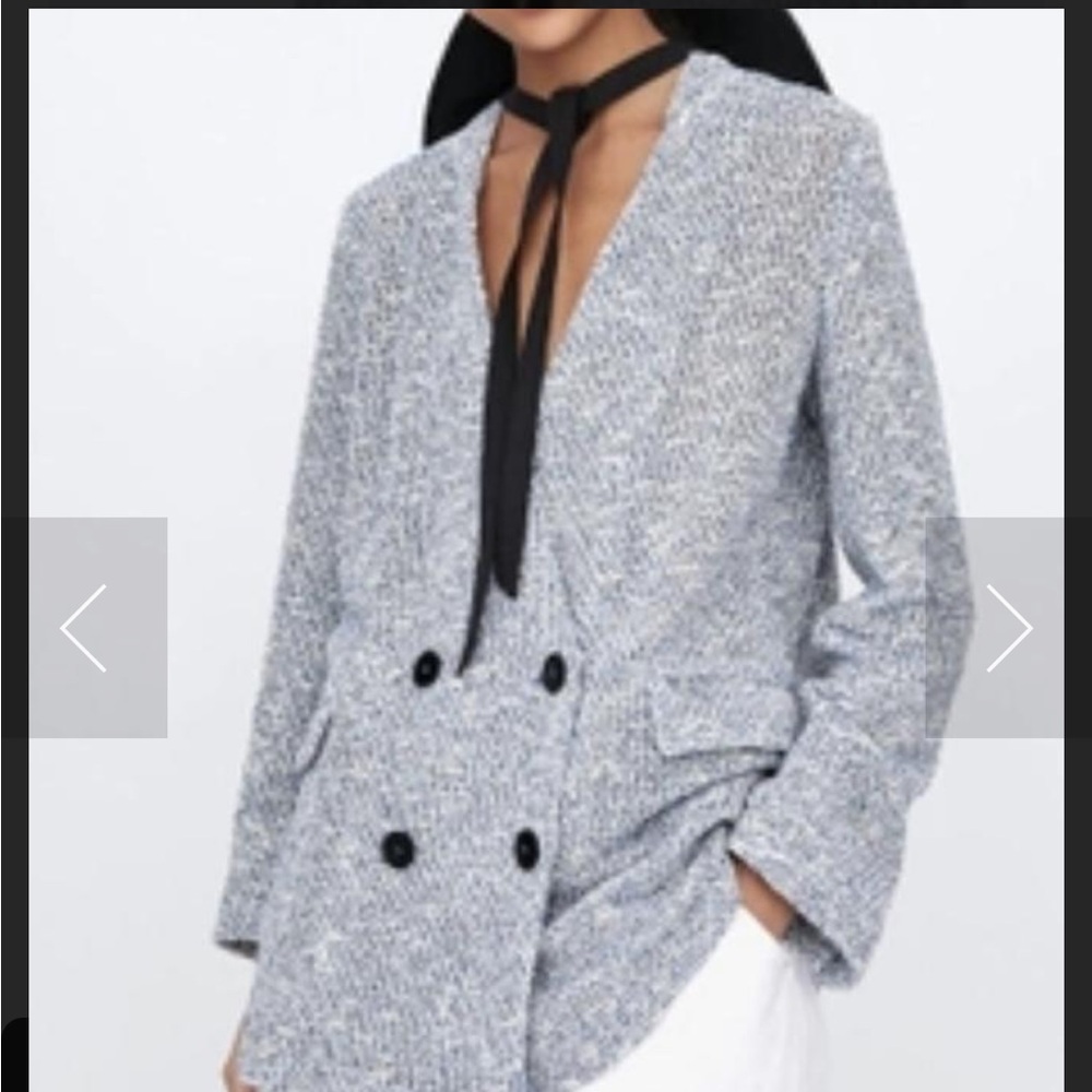 Navy and White Tweed Double Breasted Oversized Blazer Zara Business Casual